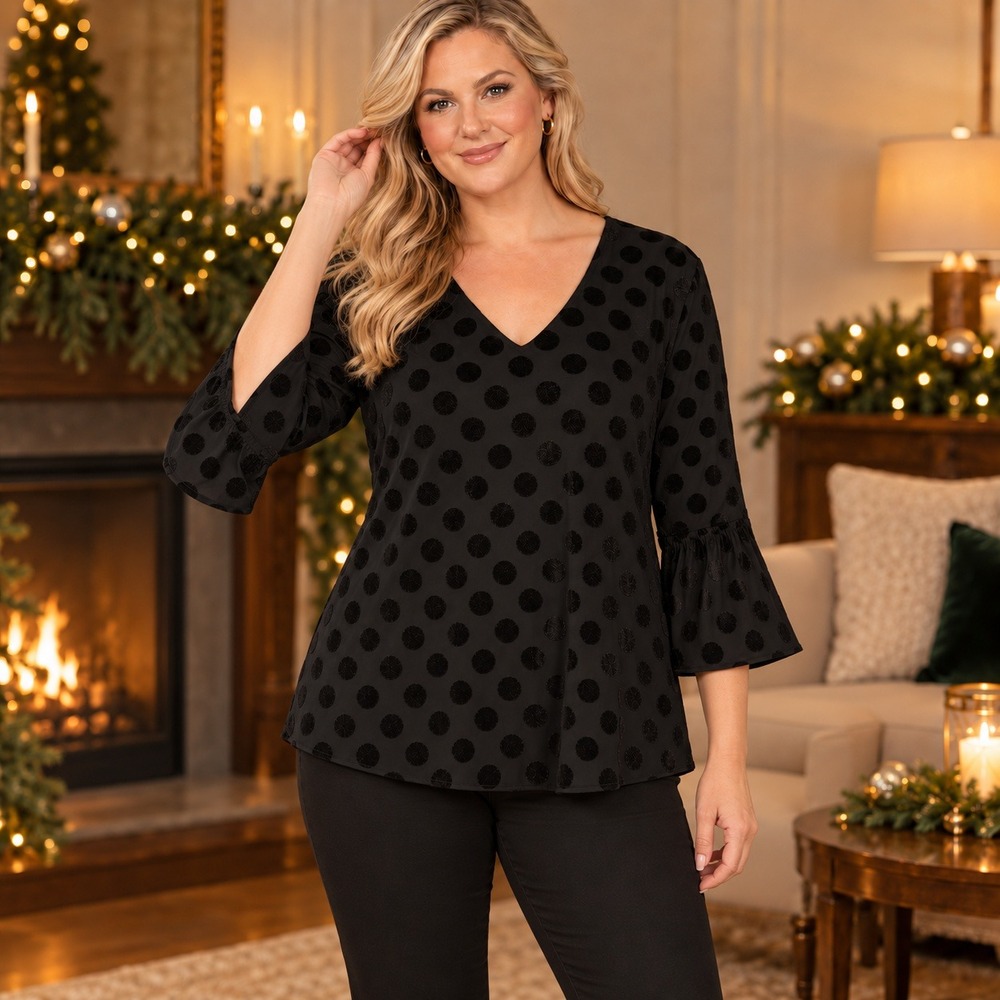 Alfani Bell Sleeve Blouse XL Black Polka Dot Shimmer Festive Evening Glam Party